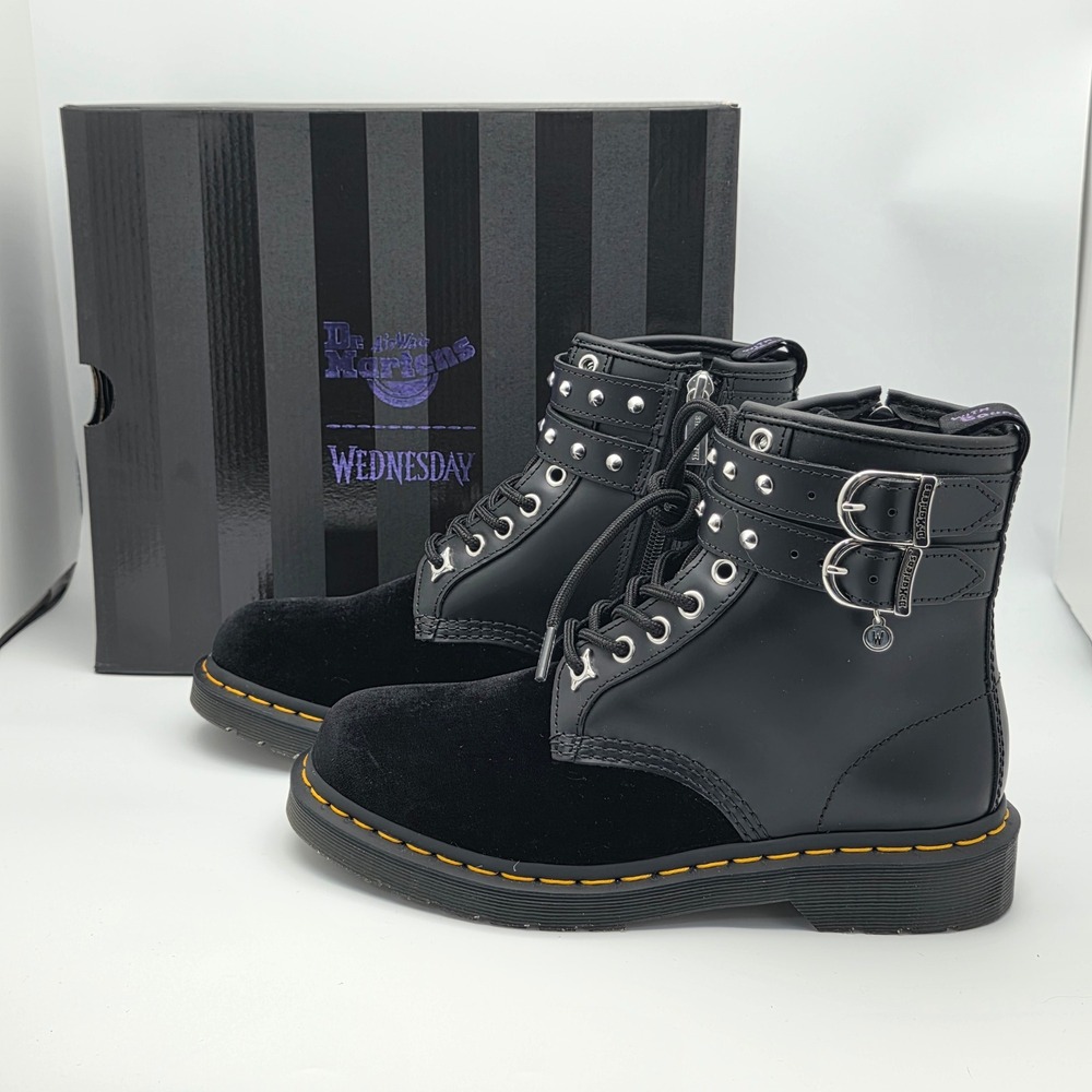 Dr. Martens 1460 Wednesday Addams Boots Womens 7 Mens 6 Black Velvet Buckle Stud - Picture 2 of 16